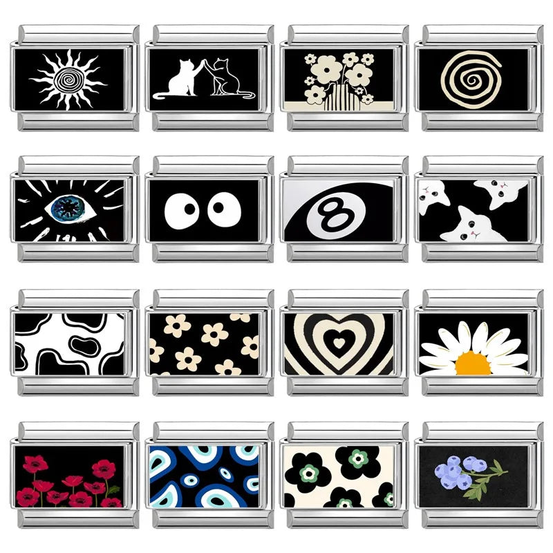 2025 New Black Series NO.8 Ball Eyes Flower Cat Italian Links Charm Fit 9mm Stainless Steel Gift Modular Bracelet Jewelry Making