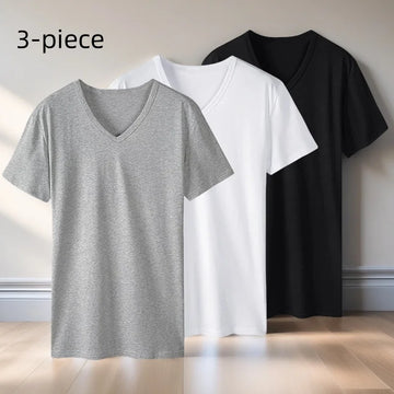 2025 men's short sleeved T-shirt loose and breathable plus size T-shirt top summer thin solid color V-neck home clothing base s